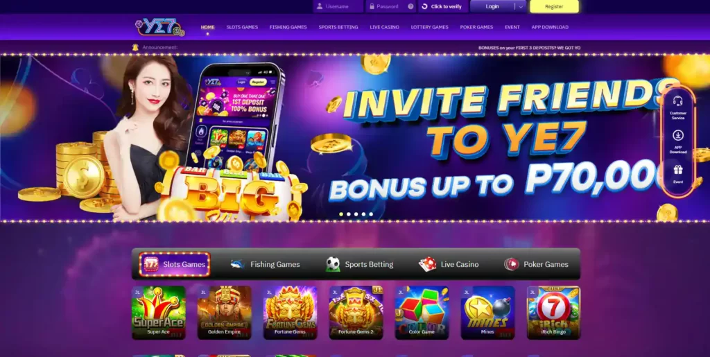 YE7 Casino Website UI